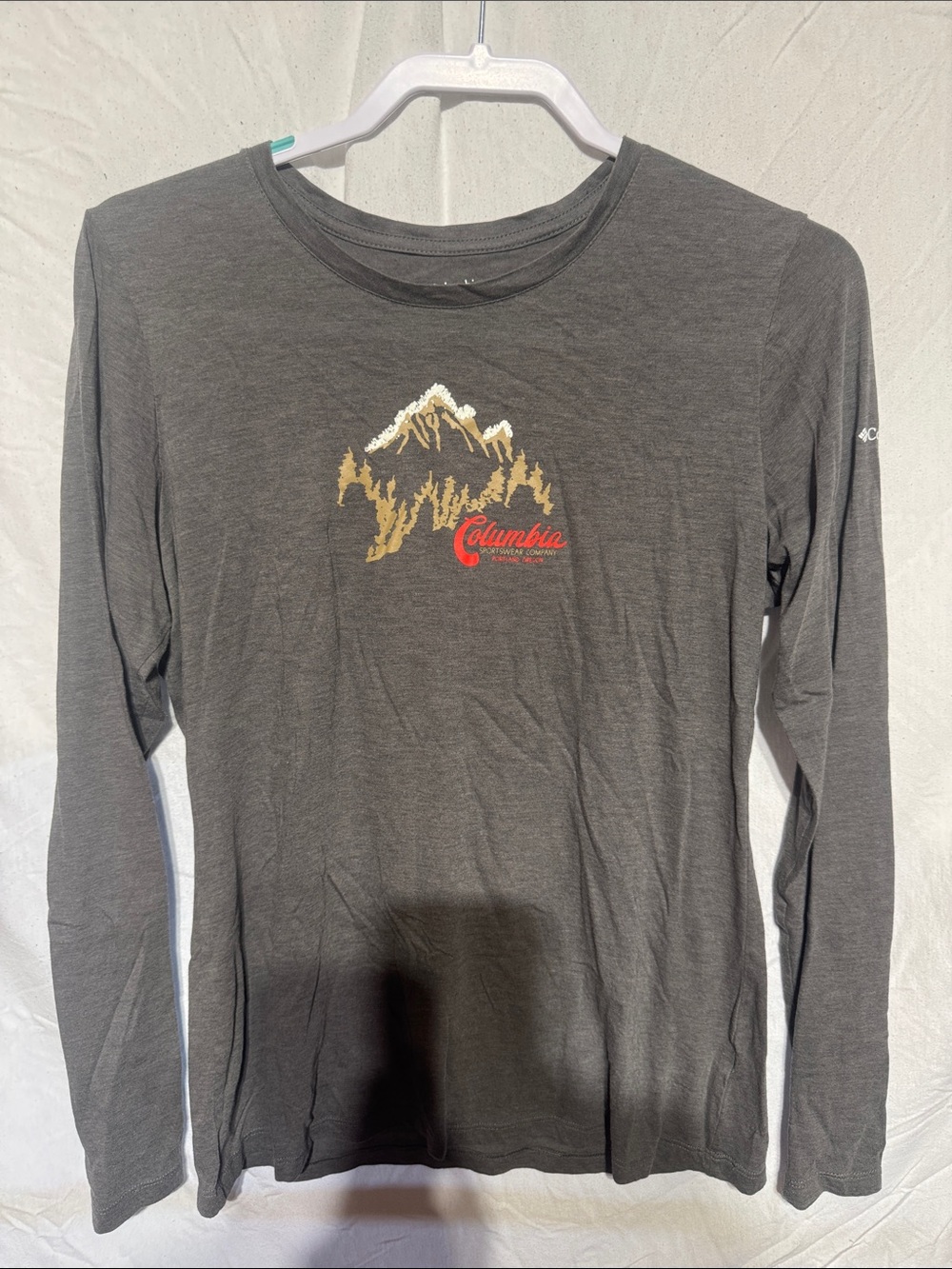 Columbia Charcoal Gray Long Sleeve Tee with Gold Mountain Graphic and Red Logo